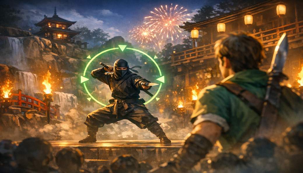 How a Theme-Park Ninja Show Accidentally Invented Z-Targeting — and Why Zelda's Lock-On Still Runs the Genre